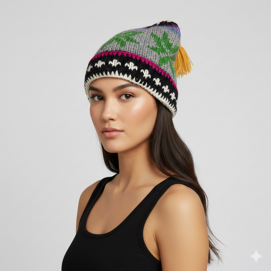 Recycled Hand Knit Jester Hat 100% Wool Boho Beanie Multi Tassel Warm Fleece Lined Winter Cap P457