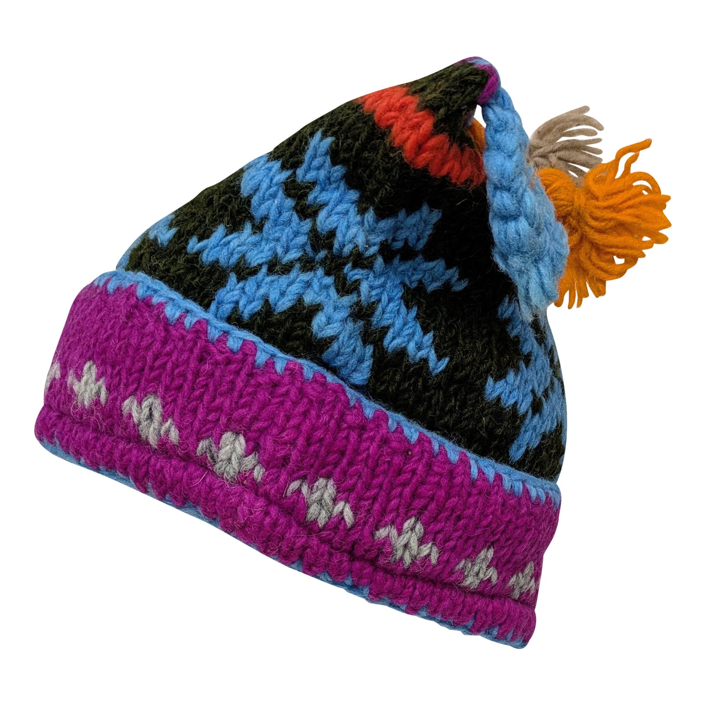 Recycled Hand Knit Jester Hat 100% Wool Boho Beanie Multi Tassel Warm Fleece Lined Winter Cap P458