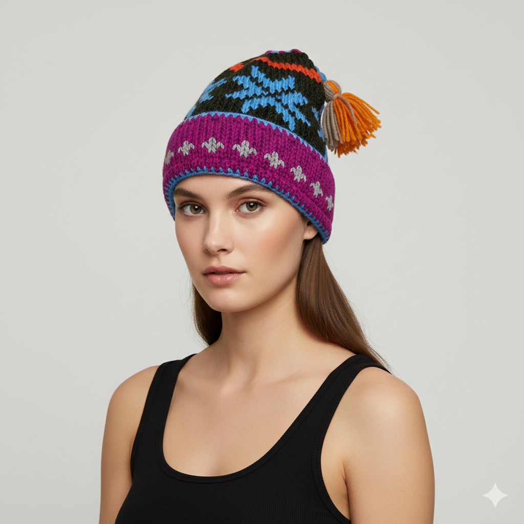 Recycled Hand Knit Jester Hat 100% Wool Boho Beanie Multi Tassel Warm Fleece Lined Winter Cap P458