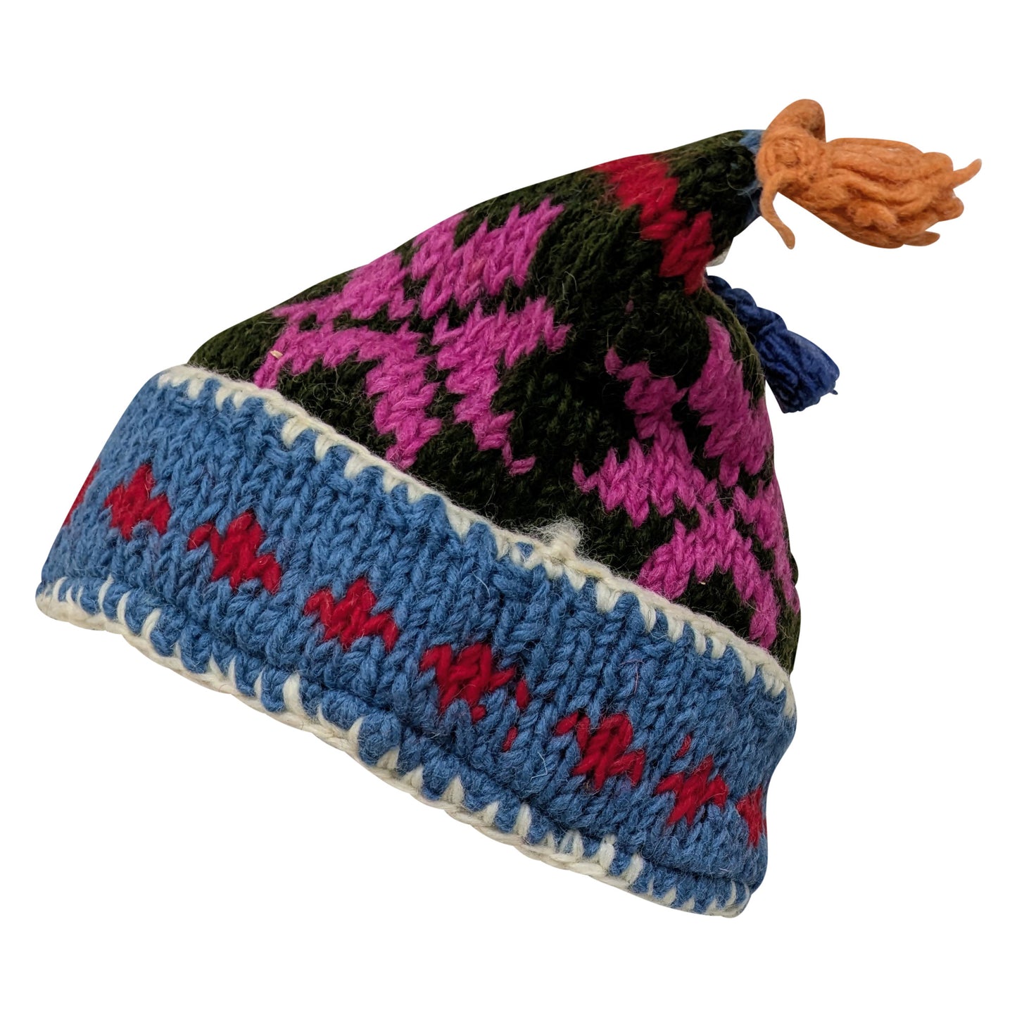 Recycled Hand Knit Jester Hat 100% Wool Boho Beanie Multi Tassel Warm Fleece Lined Winter Cap P459