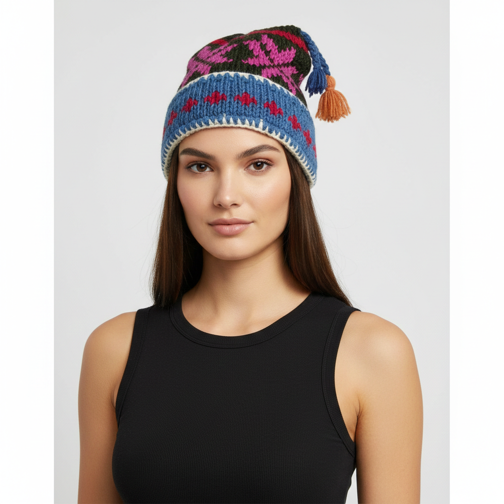 Recycled Hand Knit Jester Hat 100% Wool Boho Beanie Multi Tassel Warm Fleece Lined Winter Cap P459