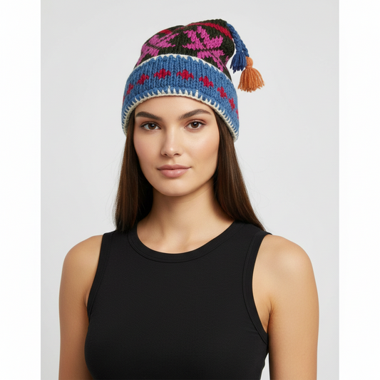 Recycled Hand Knit Jester Hat 100% Wool Boho Beanie Multi Tassel Warm Fleece Lined Winter Cap P459