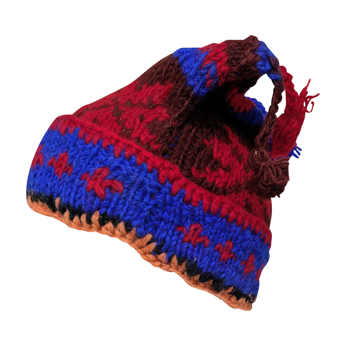 Recycled Hand Knit Jester Hat 100% Wool Boho Beanie Multi Tassel Warm Fleece Lined Winter Cap P460