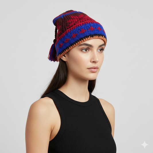 Recycled Hand Knit Jester Hat 100% Wool Boho Beanie Multi Tassel Warm Fleece Lined Winter Cap P460