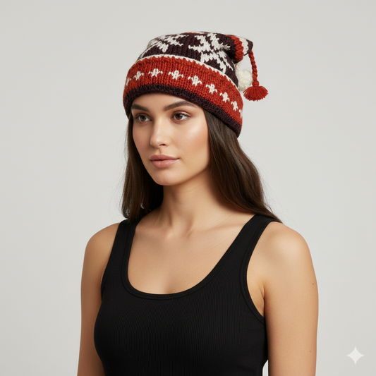 Recycled Hand Knit Jester Hat 100% Wool Boho Beanie Multi Tassel Warm Fleece Lined Winter Cap P461