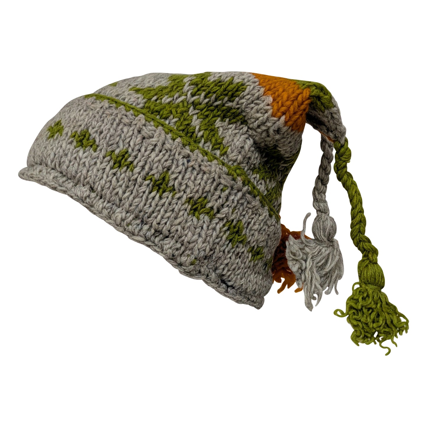Recycled Hand Knit Jester Hat 100% Wool Boho Beanie Multi Tassel Warm Fleece Lined Winter Cap P462