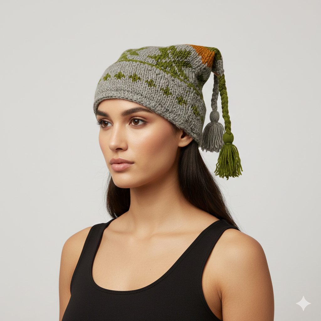 Recycled Hand Knit Jester Hat 100% Wool Boho Beanie Multi Tassel Warm Fleece Lined Winter Cap P462