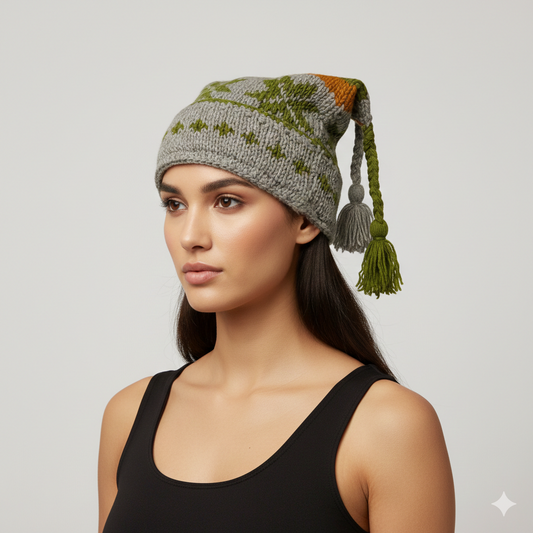 Recycled Hand Knit Jester Hat 100% Wool Boho Beanie Multi Tassel Warm Fleece Lined Winter Cap P462