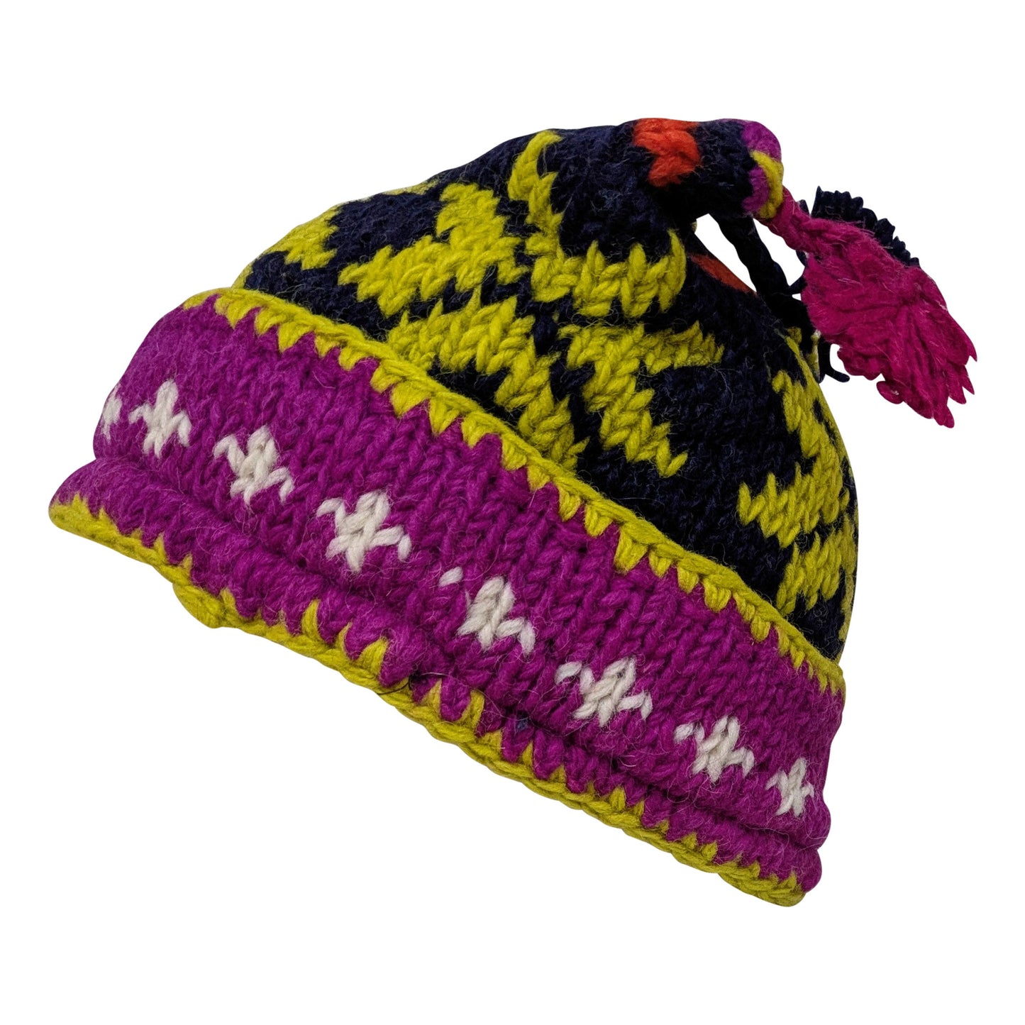 Recycled Hand Knit Jester Hat 100% Wool Boho Beanie Multi Tassel Warm Fleece Lined Winter Cap P463