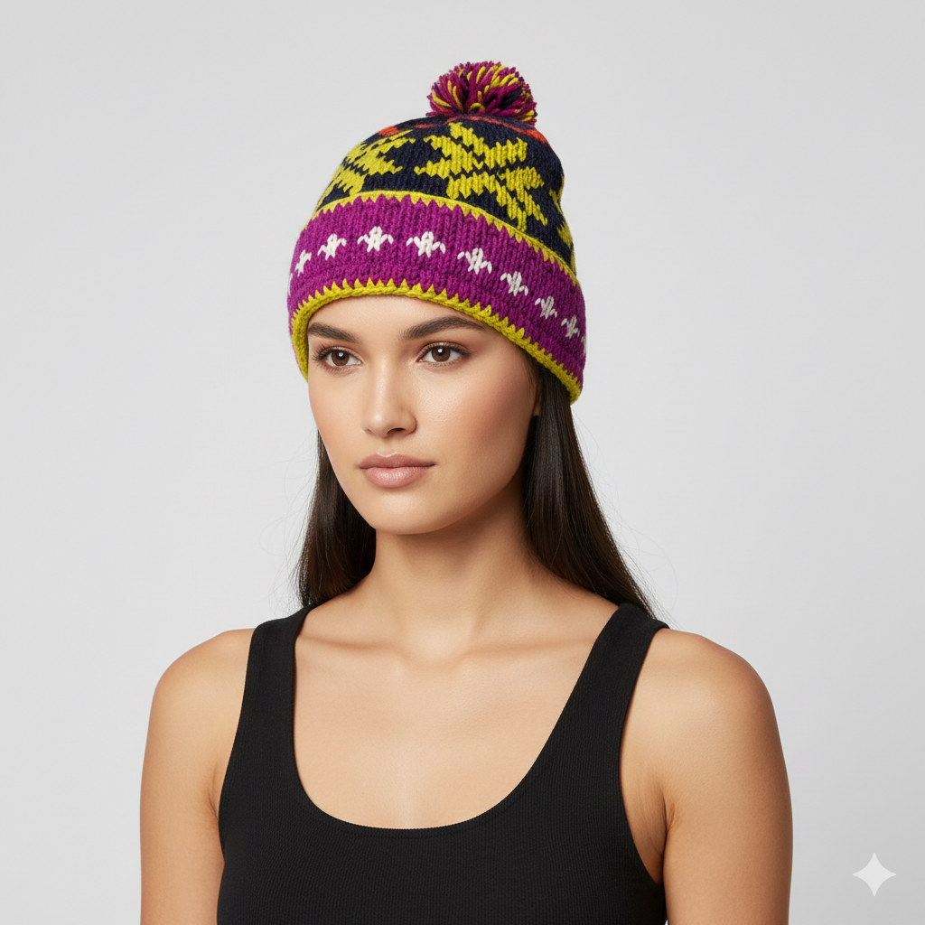 Recycled Hand Knit Jester Hat 100% Wool Boho Beanie Multi Tassel Warm Fleece Lined Winter Cap P463