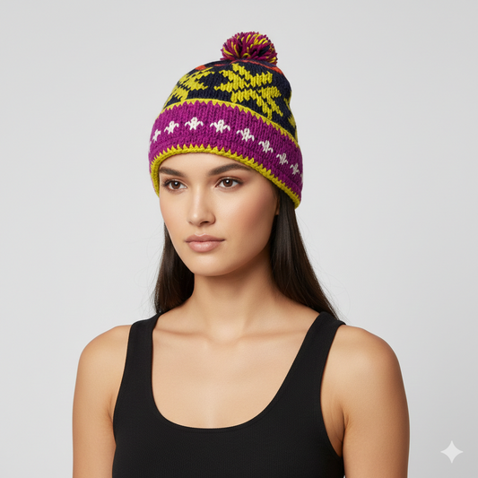 Recycled Hand Knit Jester Hat 100% Wool Boho Beanie Multi Tassel Warm Fleece Lined Winter Cap P463