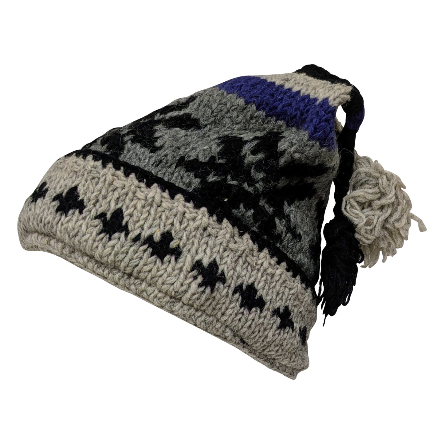 Recycled Hand Knit Jester Hat 100% Wool Boho Beanie Multi Tassel Warm Fleece Lined Winter Cap P464