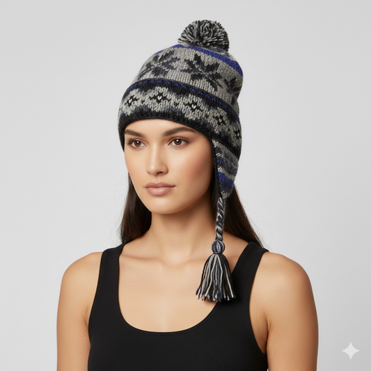 Recycled Hand Knit Jester Hat 100% Wool Boho Beanie Multi Tassel Warm Fleece Lined Winter Cap P464