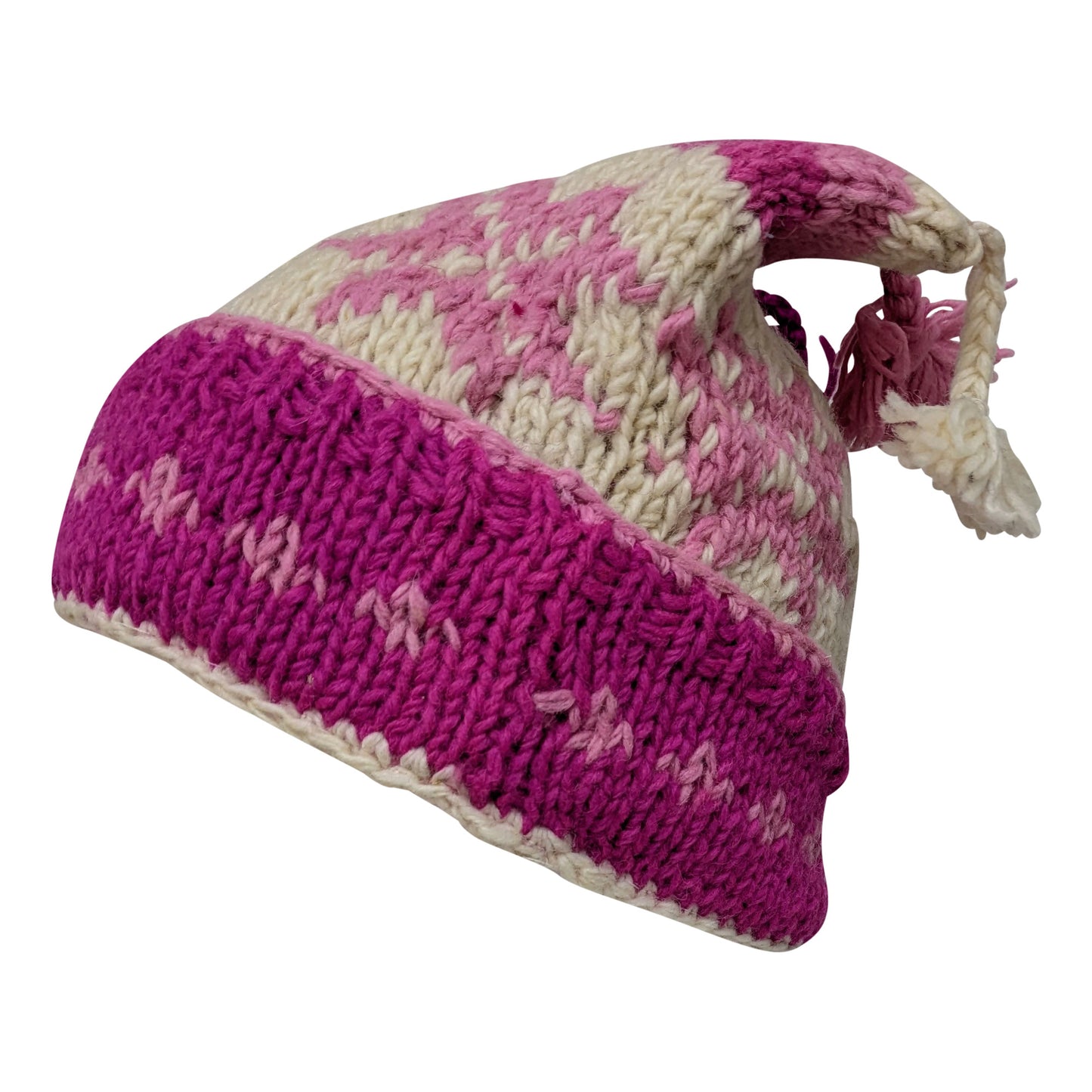 Recycled Hand Knit Jester Hat 100% Wool Boho Beanie Multi Tassel Warm Fleece Lined Winter Cap P465