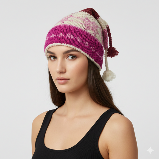 Recycled Hand Knit Jester Hat 100% Wool Boho Beanie Multi Tassel Warm Fleece Lined Winter Cap P465