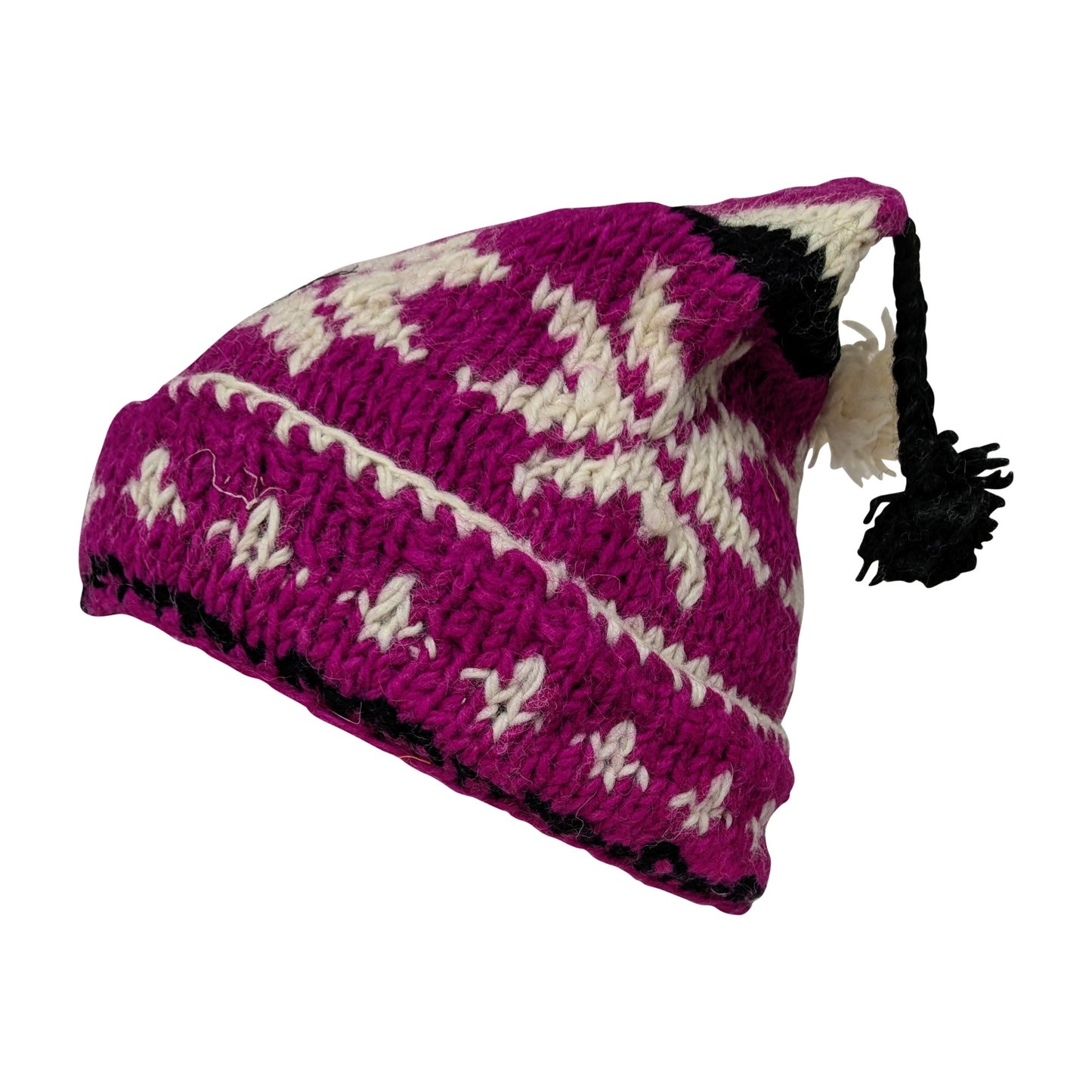 Recycled Hand Knit Jester Hat 100% Wool Boho Beanie Multi Tassel Warm Fleece Lined Winter Cap P466