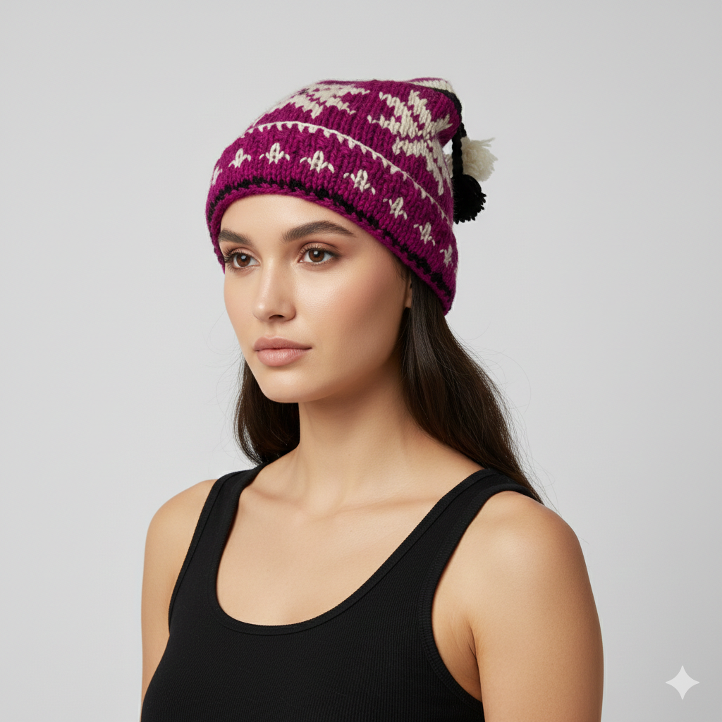 Recycled Hand Knit Jester Hat 100% Wool Boho Beanie Multi Tassel Warm Fleece Lined Winter Cap P466