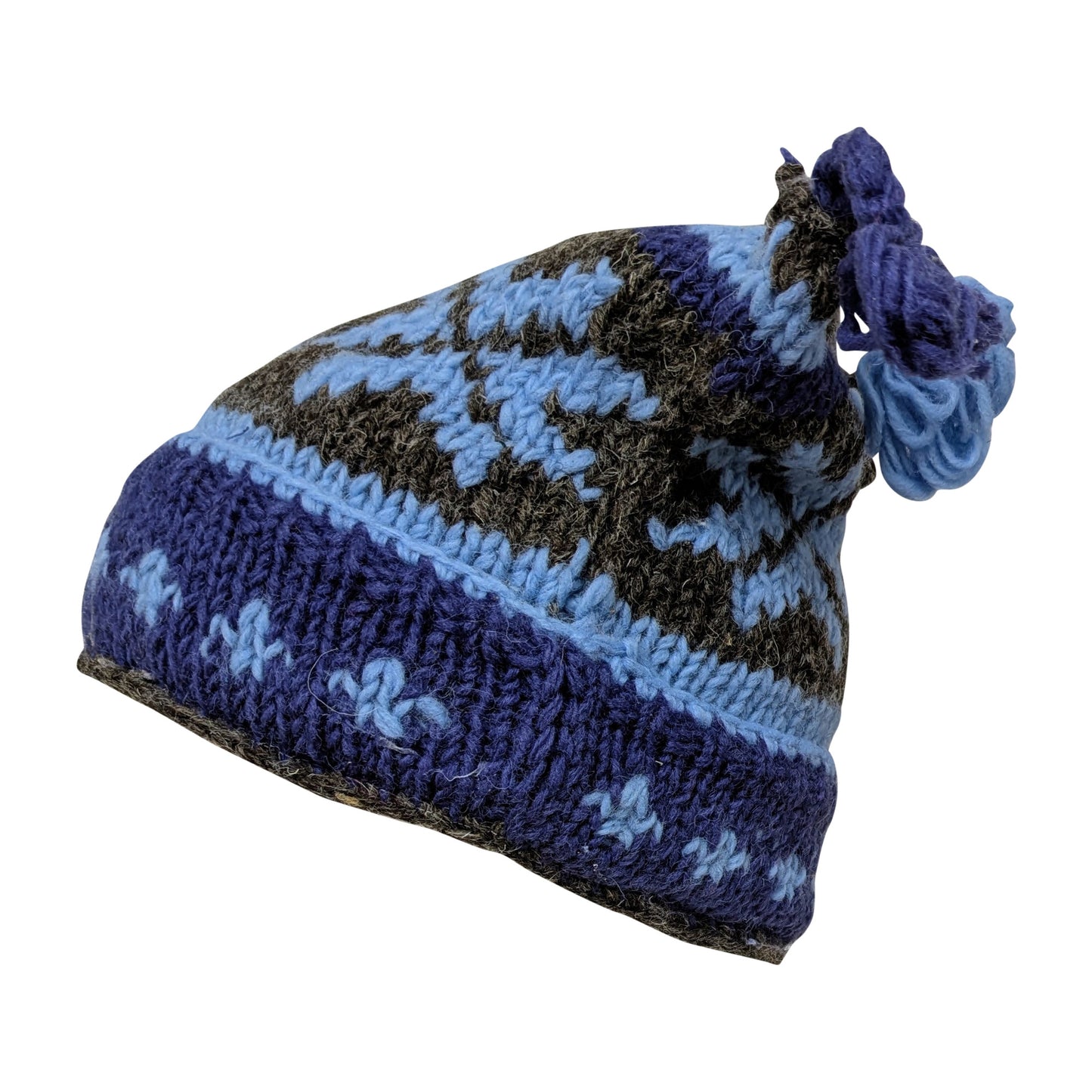 Recycled Hand Knit Jester Hat 100% Wool Boho Beanie Multi Tassel Warm Fleece Lined Winter Cap P467
