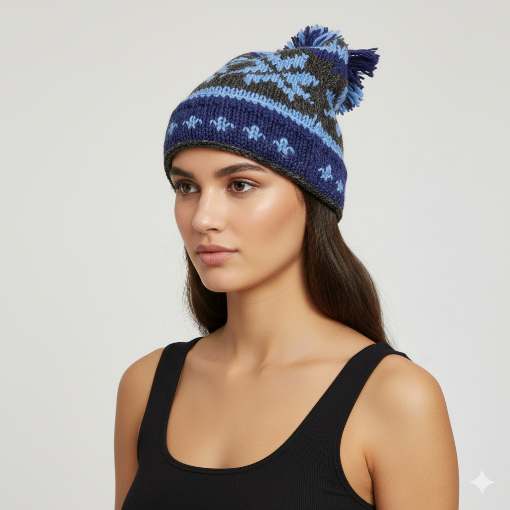 Recycled Hand Knit Jester Hat 100% Wool Boho Beanie Multi Tassel Warm Fleece Lined Winter Cap P467