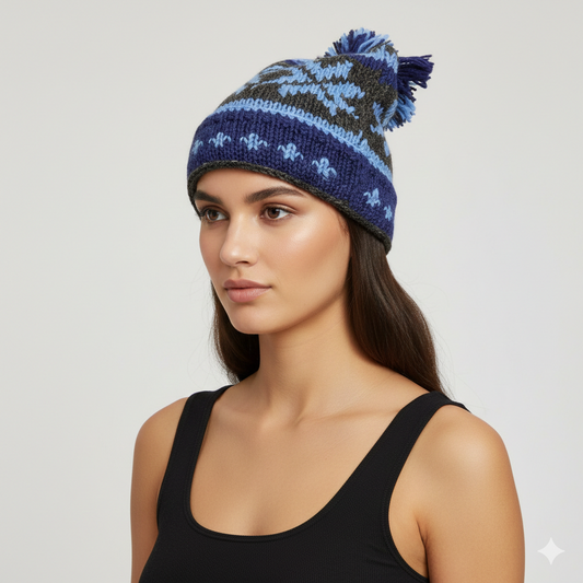 Recycled Hand Knit Jester Hat 100% Wool Boho Beanie Multi Tassel Warm Fleece Lined Winter Cap P467