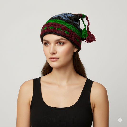 Recycled Hand Knit Jester Hat 100% Wool Boho Beanie Multi Tassel Warm Fleece Lined Winter Cap P469