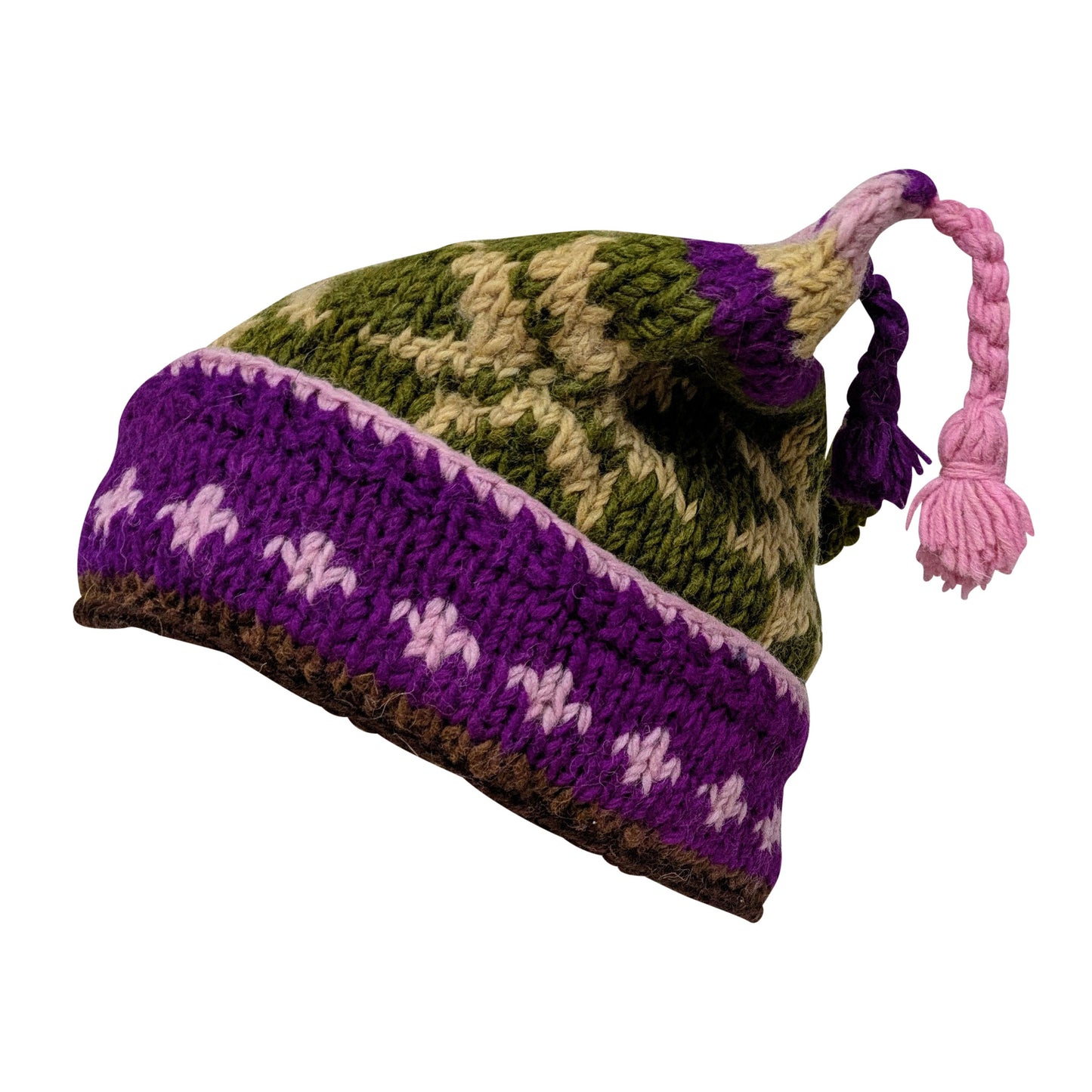 Recycled Hand Knit Jester Hat 100% Wool Boho Beanie Multi Tassel Warm Fleece Lined Winter Cap P470