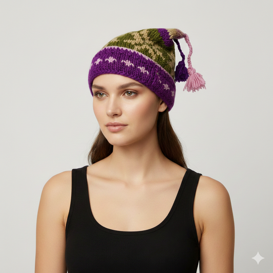 Recycled Hand Knit Jester Hat 100% Wool Boho Beanie Multi Tassel Warm Fleece Lined Winter Cap P470