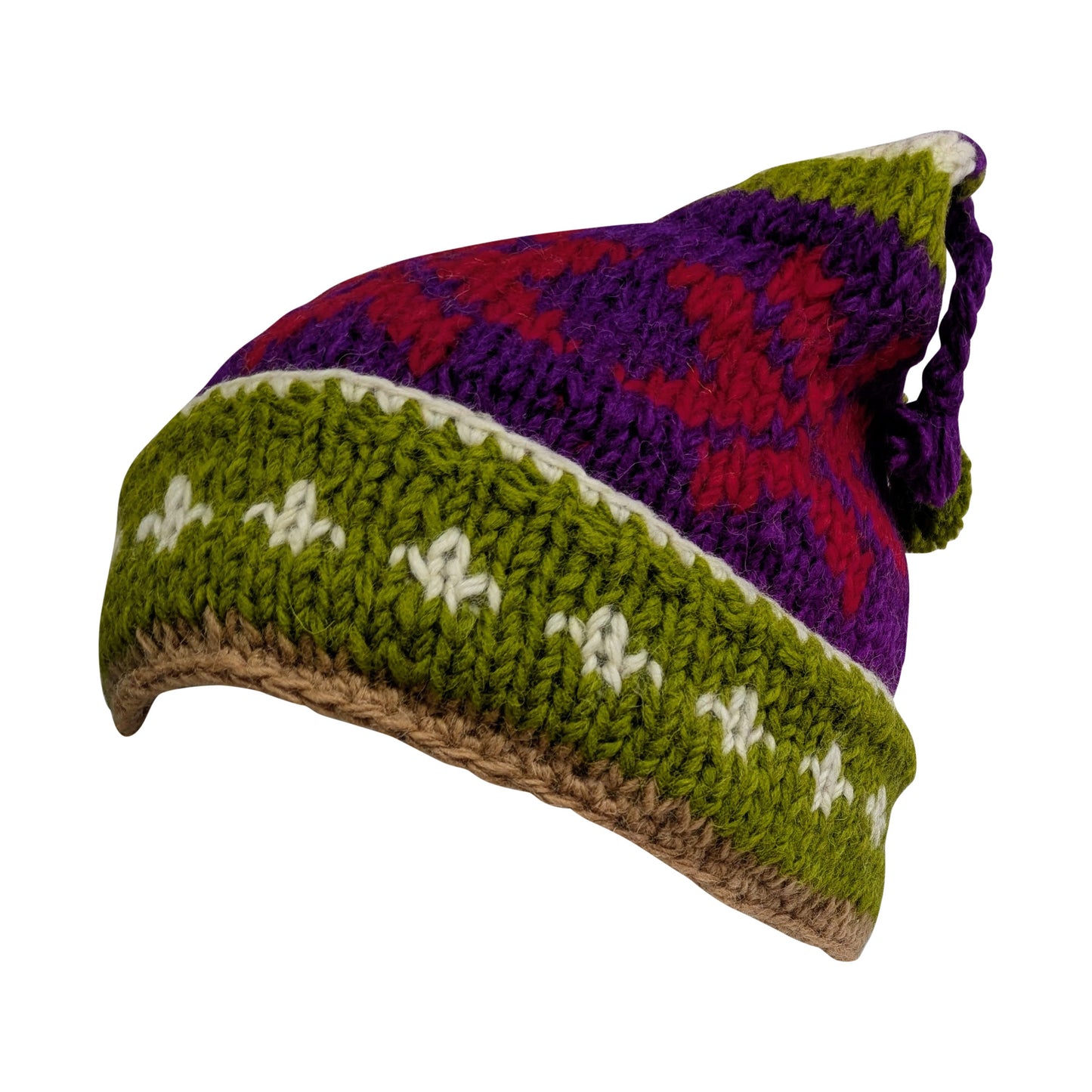 Recycled Hand Knit Jester Hat 100% Wool Boho Beanie Multi Tassel Warm Fleece Lined Winter Cap P475