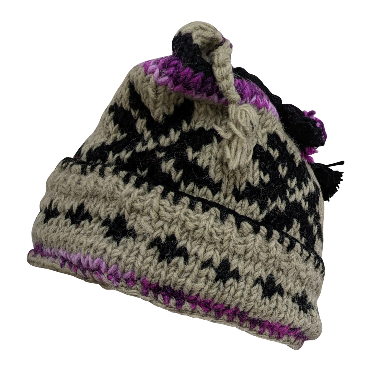 Recycled Hand Knit Jester Hat 100% Wool Boho Beanie Multi Tassel Warm Fleece Lined Winter Cap P476