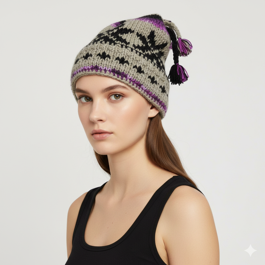 Recycled Hand Knit Jester Hat 100% Wool Boho Beanie Multi Tassel Warm Fleece Lined Winter Cap P476