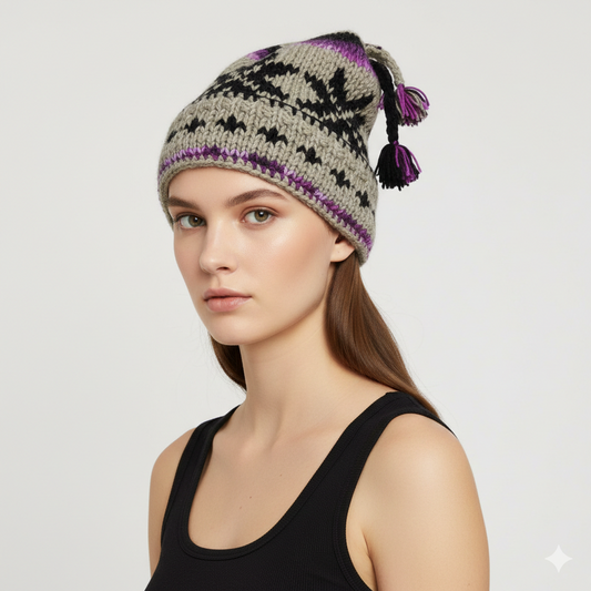 Recycled Hand Knit Jester Hat 100% Wool Boho Beanie Multi Tassel Warm Fleece Lined Winter Cap P476