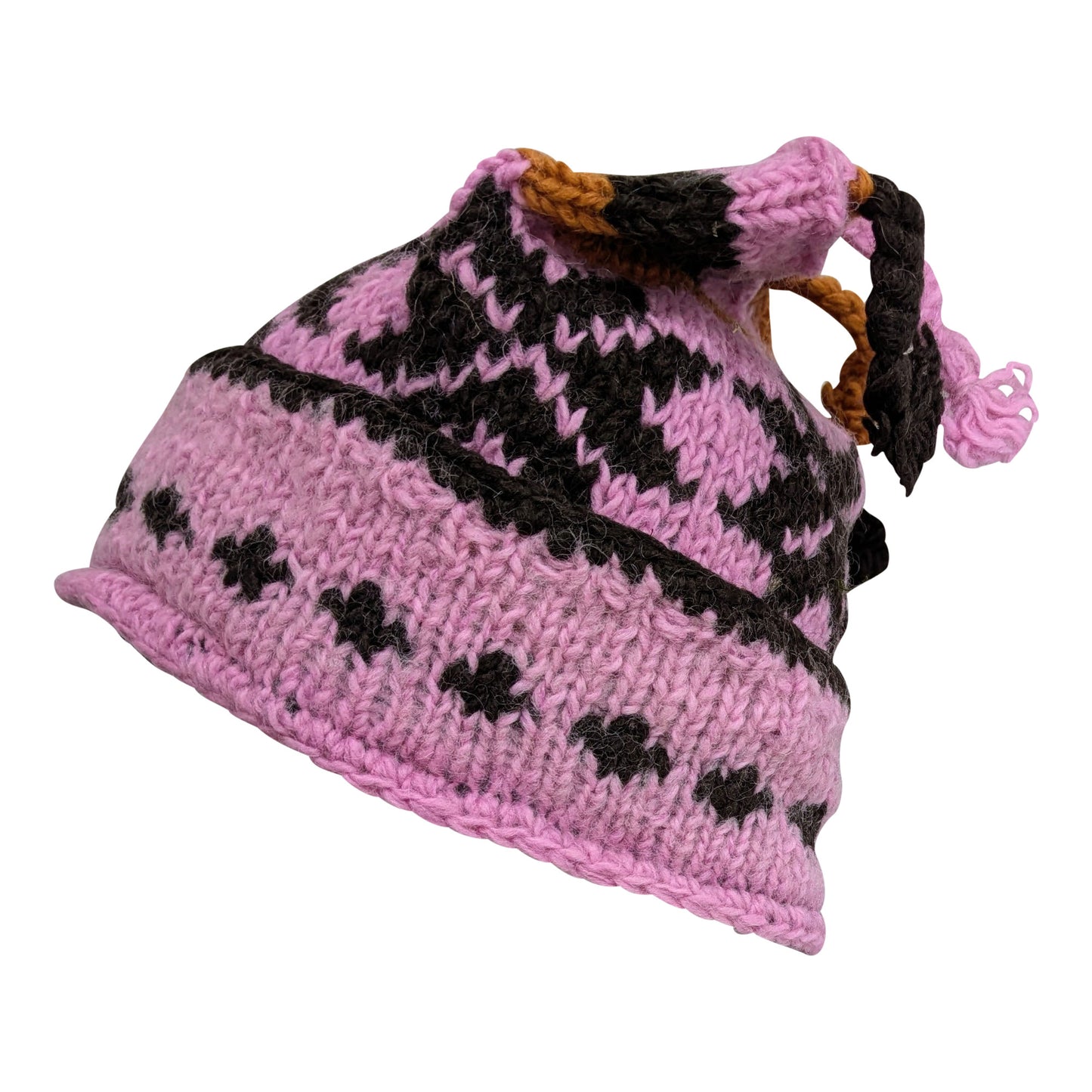 Recycled Hand Knit Jester Hat 100% Wool Boho Beanie Multi Tassel Warm Fleece Lined Winter Cap P477