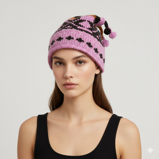 Recycled Hand Knit Jester Hat 100% Wool Boho Beanie Multi Tassel Warm Fleece Lined Winter Cap P477