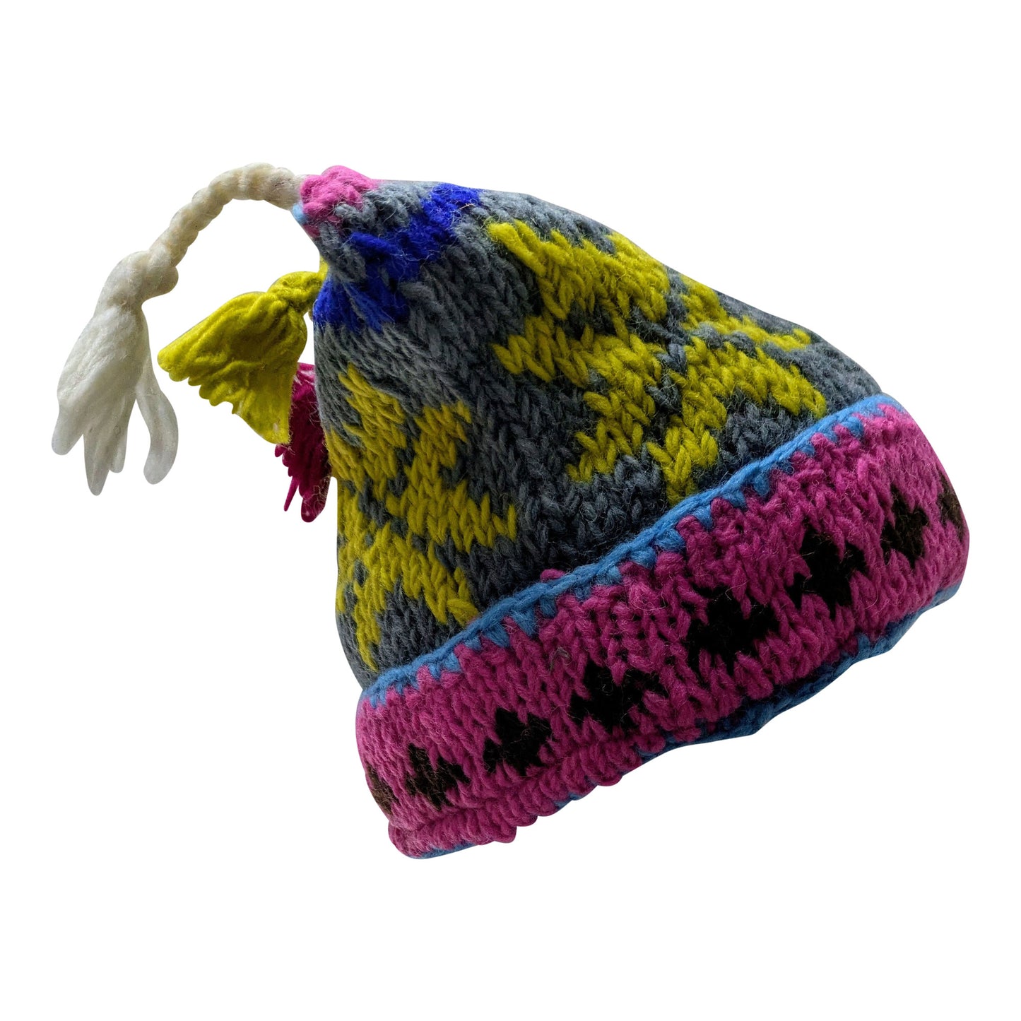 Recycled Hand Knit Jester Hat 100% Wool Boho Beanie Multi Tassel Warm Fleece Lined Winter Cap P479