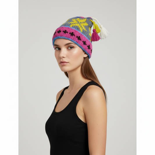 Recycled Hand Knit Jester Hat 100% Wool Boho Beanie Multi Tassel Warm Fleece Lined Winter Cap P479