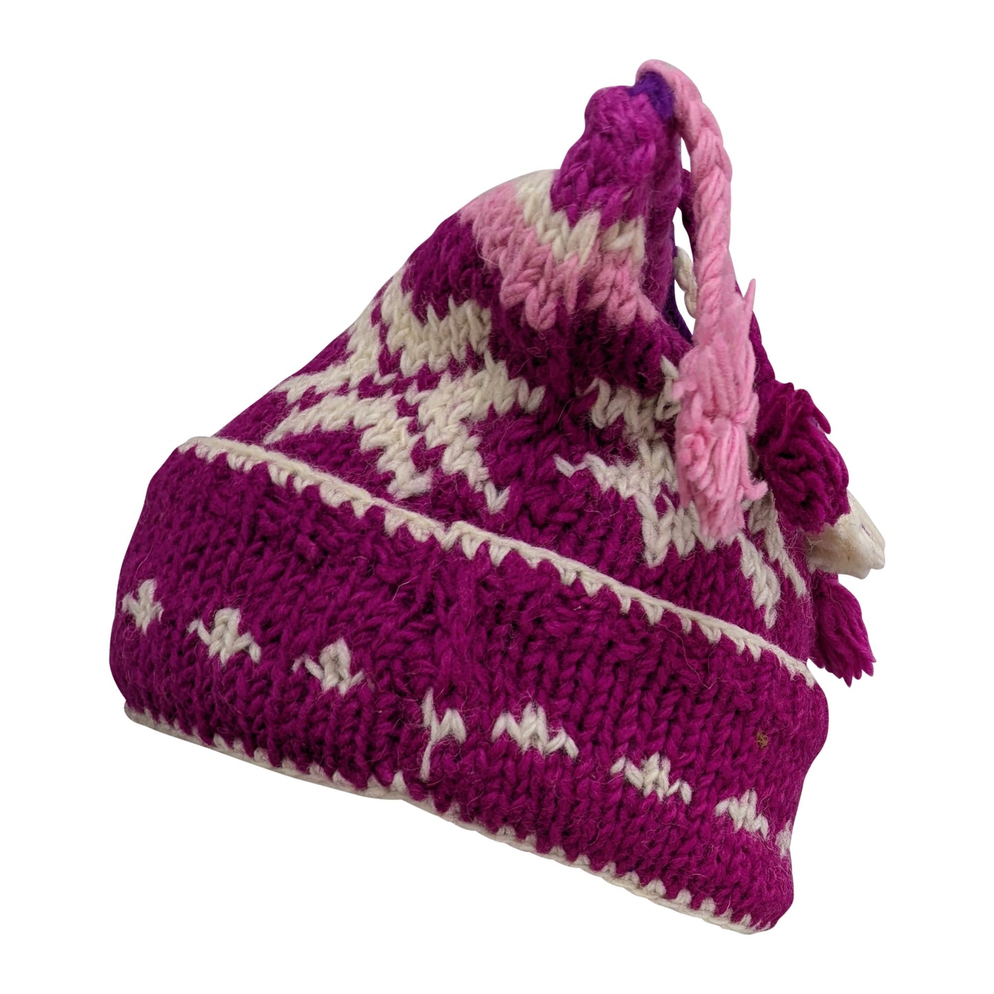 Recycled Hand Knit Jester Hat 100% Wool Boho Beanie Multi Tassel Warm Fleece Lined Winter Cap P480