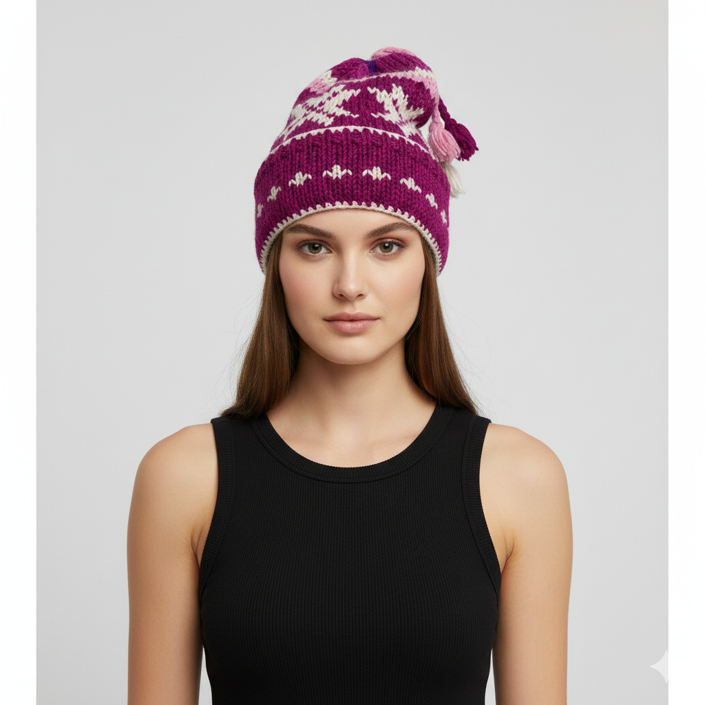 Recycled Hand Knit Jester Hat 100% Wool Boho Beanie Multi Tassel Warm Fleece Lined Winter Cap P480