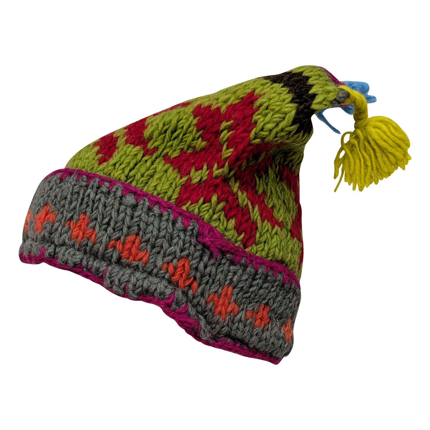 Recycled Hand Knit Jester Hat 100% Wool Boho Beanie Multi Tassel Warm Fleece Lined Winter Cap P482