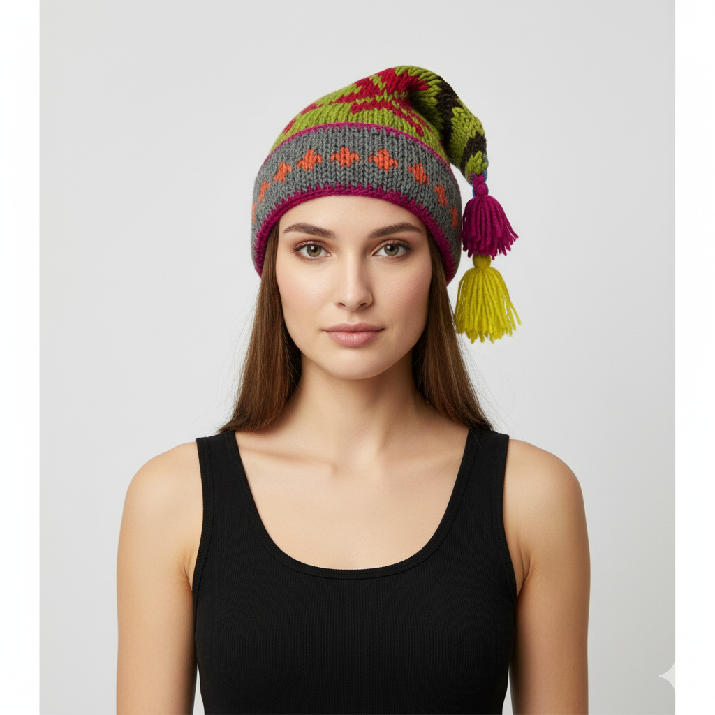 Recycled Hand Knit Jester Hat 100% Wool Boho Beanie Multi Tassel Warm Fleece Lined Winter Cap P482