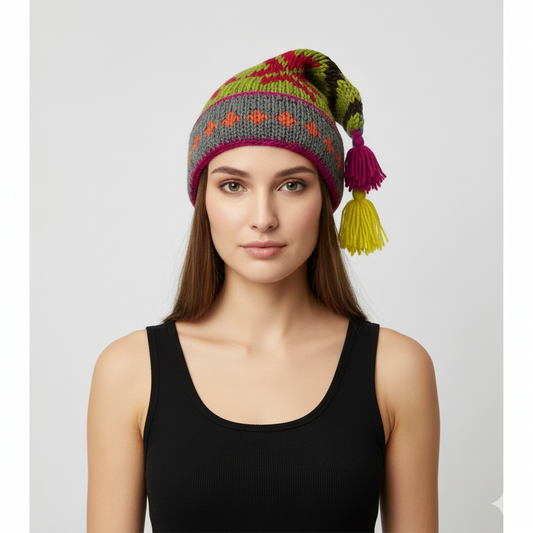 Recycled Hand Knit Jester Hat 100% Wool Boho Beanie Multi Tassel Warm Fleece Lined Winter Cap P482