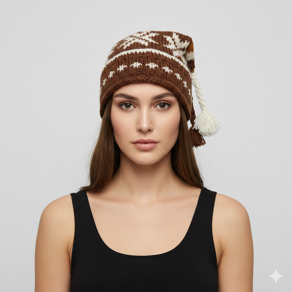 Recycled Hand Knit Jester Hat 100% Wool Boho Beanie Multi Tassel Warm Fleece Lined Winter Cap P484