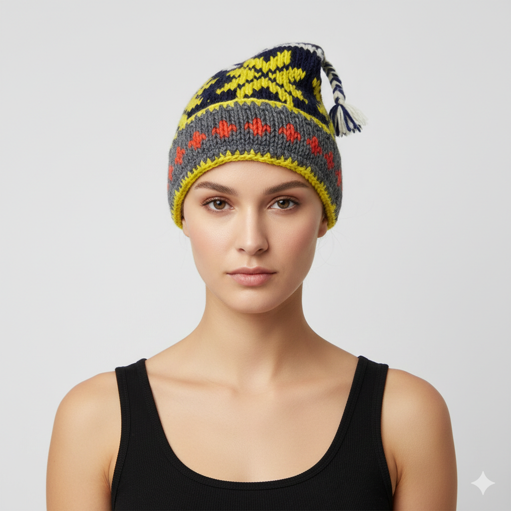 Recycled Hand Knit Jester Hat 100% Wool Boho Beanie Multi Tassel Warm Fleece Lined Winter Cap P485