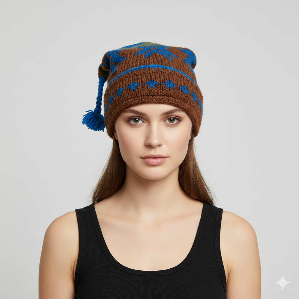 Recycled Hand Knit Jester Hat 100% Wool Boho Beanie Multi Tassel Warm Fleece Lined Winter Cap P486