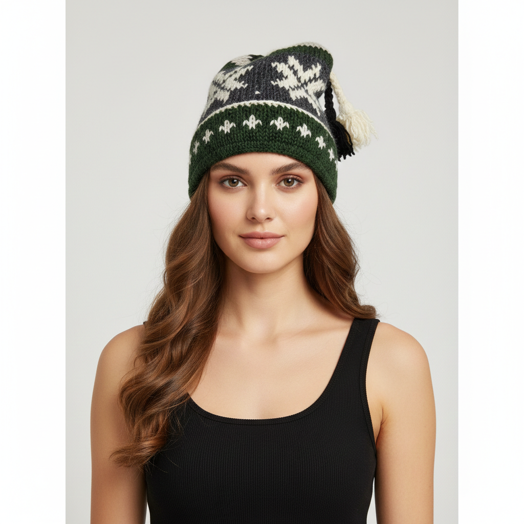 Recycled Hand Knit Jester Hat 100% Wool Boho Beanie Multi Tassel Warm Fleece Lined Winter Cap P487