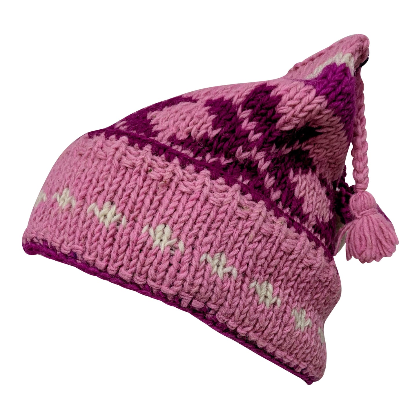 Recycled Hand Knit Jester Hat 100% Wool Boho Beanie Multi Tassel Warm Fleece Lined Winter Cap P489