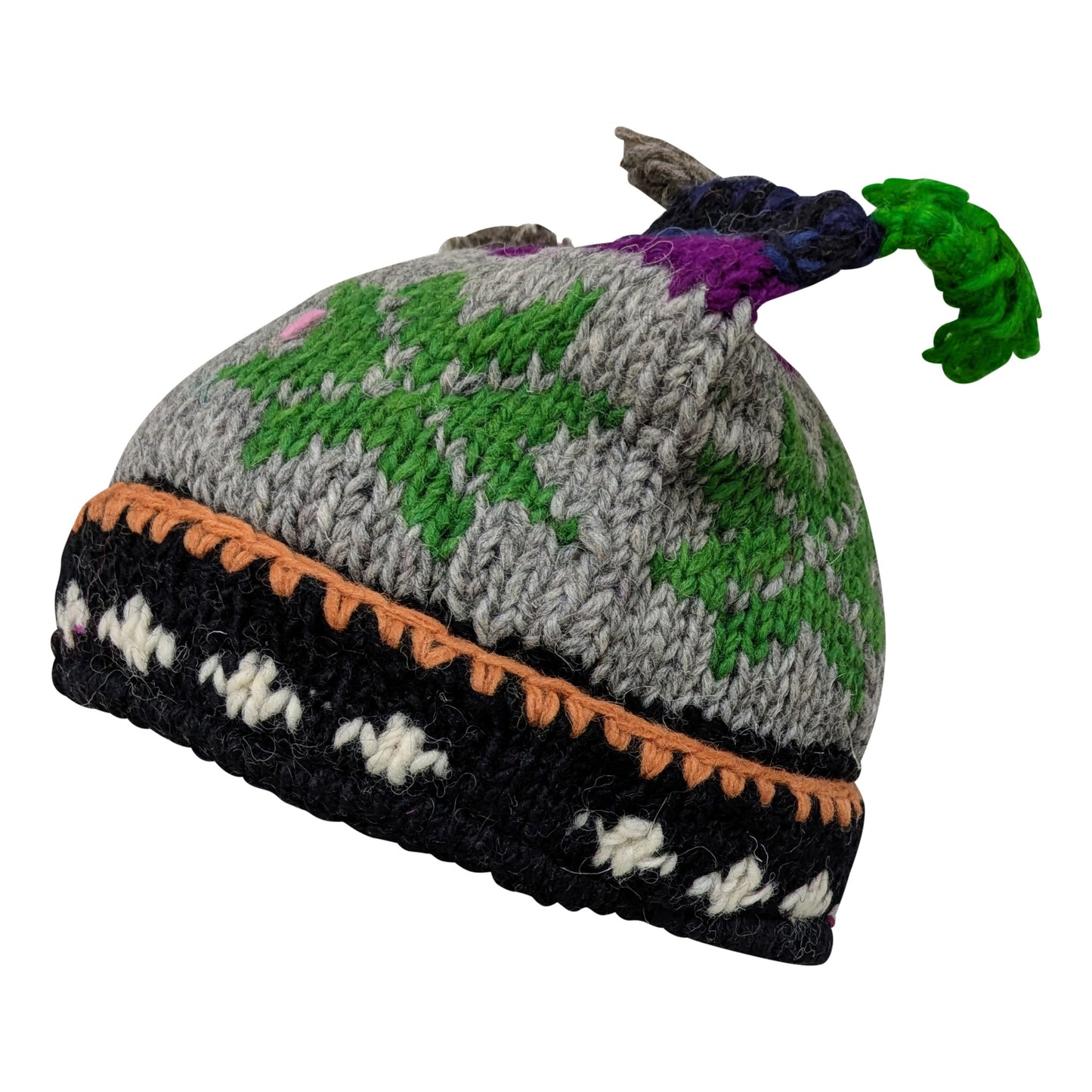 Recycled Hand Knit Jester Hat 100% Wool Boho Beanie Multi Tassel Warm Fleece Lined Winter Cap P490