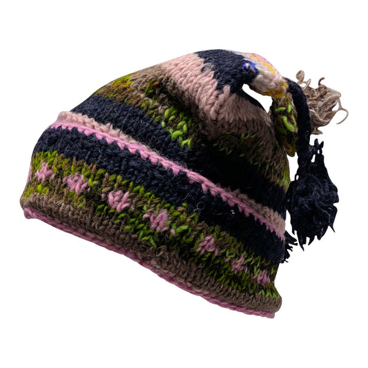 Recycled Hand Knit Jester Hat 100% Wool Boho Beanie Multi Tassel Warm Fleece Lined Winter Cap P493