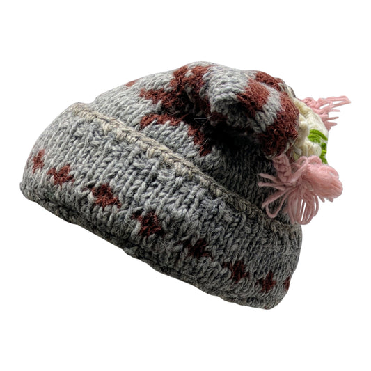 Recycled Hand Knit Jester Hat 100% Wool Boho Beanie Multi Tassel Warm Fleece Lined Winter Cap P498