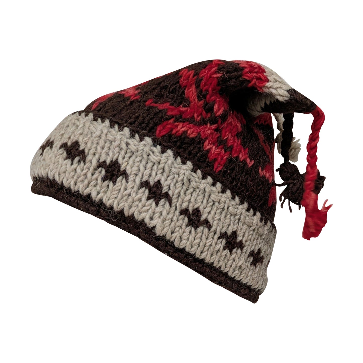 Recycled Hand Knit Jester Hat 100% Wool Boho Beanie Multi Tassel Warm Fleece Lined Winter Cap P501