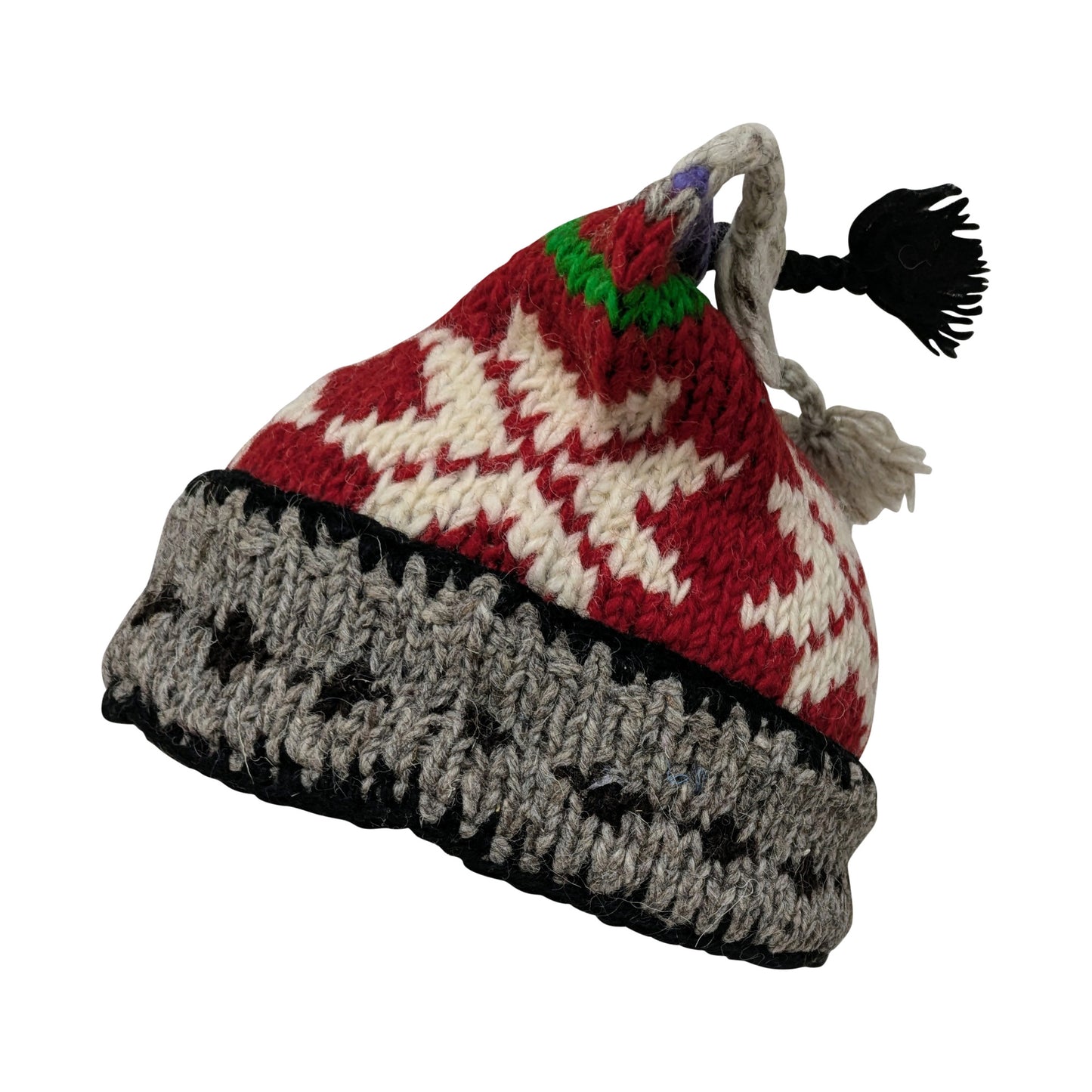 Recycled Hand Knit Jester Hat 100% Wool Boho Beanie Multi Tassel Warm Fleece Lined Winter Cap P503